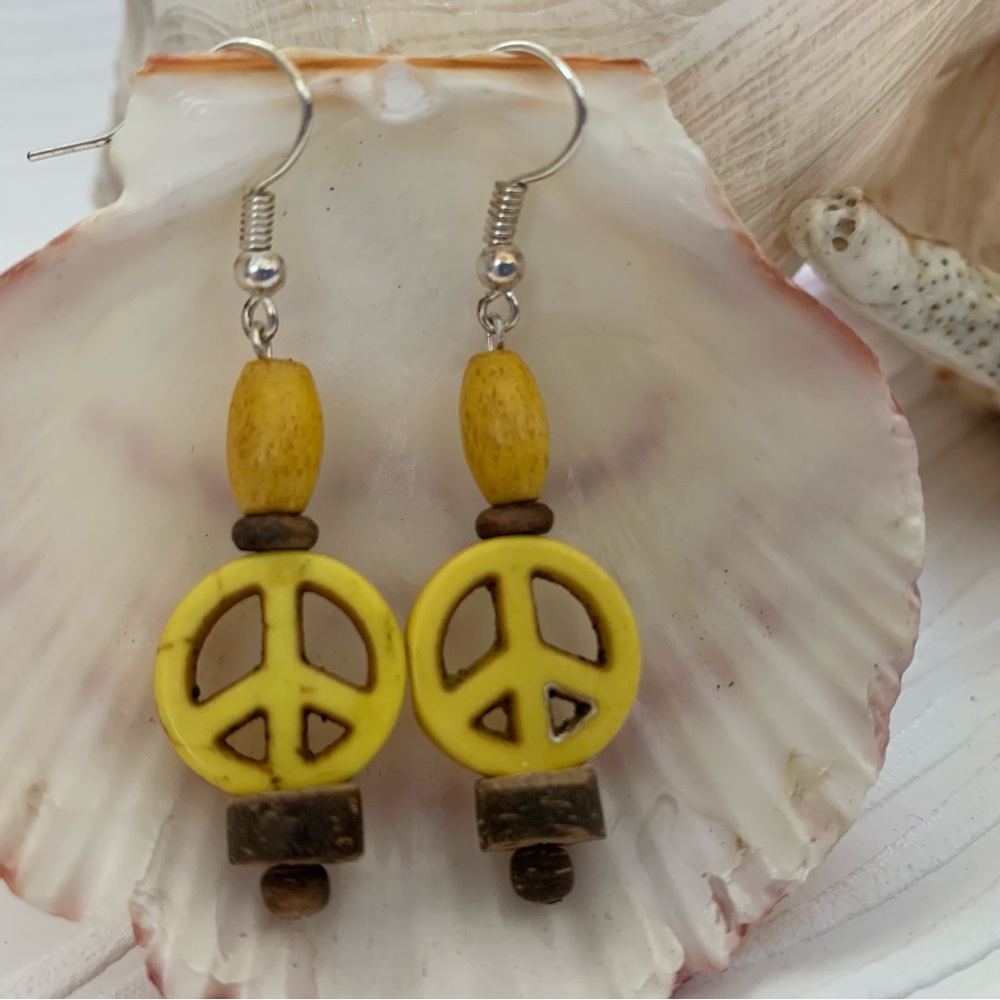 Yellow Peace Sterling Silver Earrings Boho Dangle Wooden and Acrylic Handmade